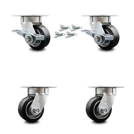 4 Inch Kingpinless Rubber on Aluminum Wheel Caster Swivel Locks 2 Brakes 4PK